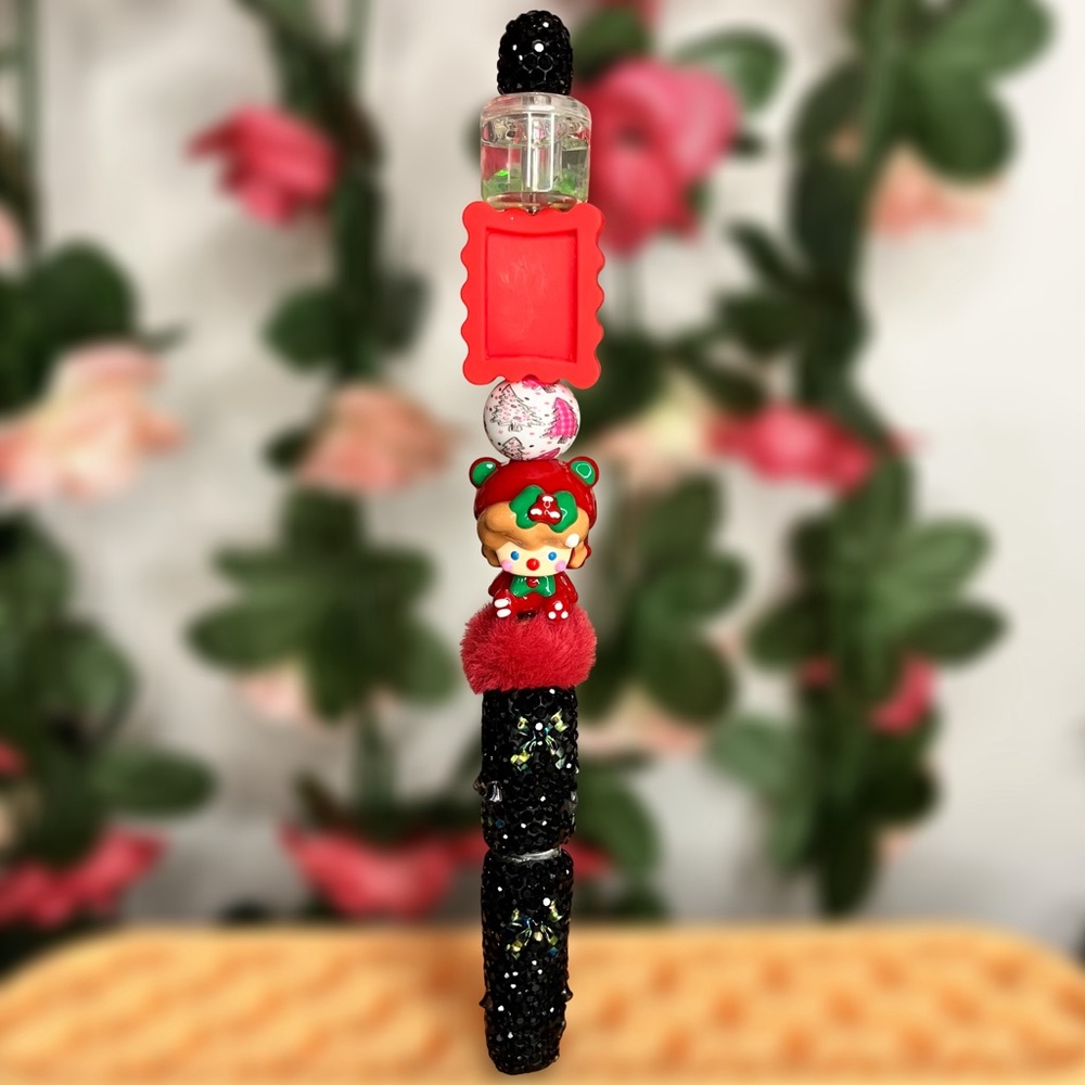 Holiday Handmade Beaded Pen with Handpainted Christmas Boy & DIY Picture Bead - Picture 1 of 7